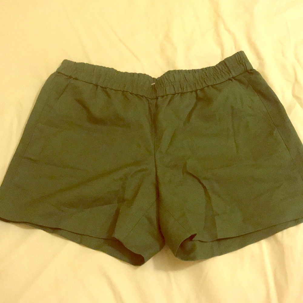 J Crew dark green linen short w elastic waist band